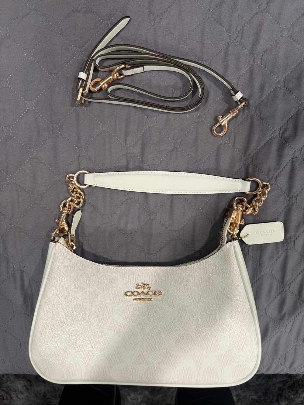 Coach White Signature Leather Shoulder Bag with Gold Hardware